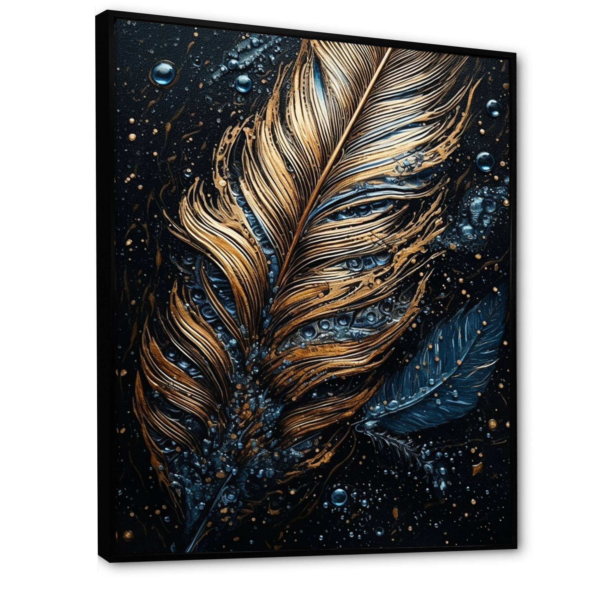 Designart "Gold Feather Glamour Ii" Glam Feather Framed Canvas Wall Art